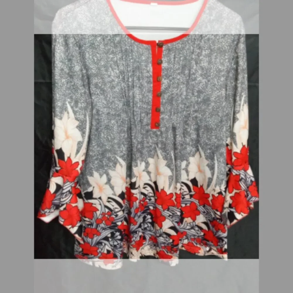 Women's Floral Red black & Gray /Flare Sleeve Bohemian Blouse. - Picture 4 of 6